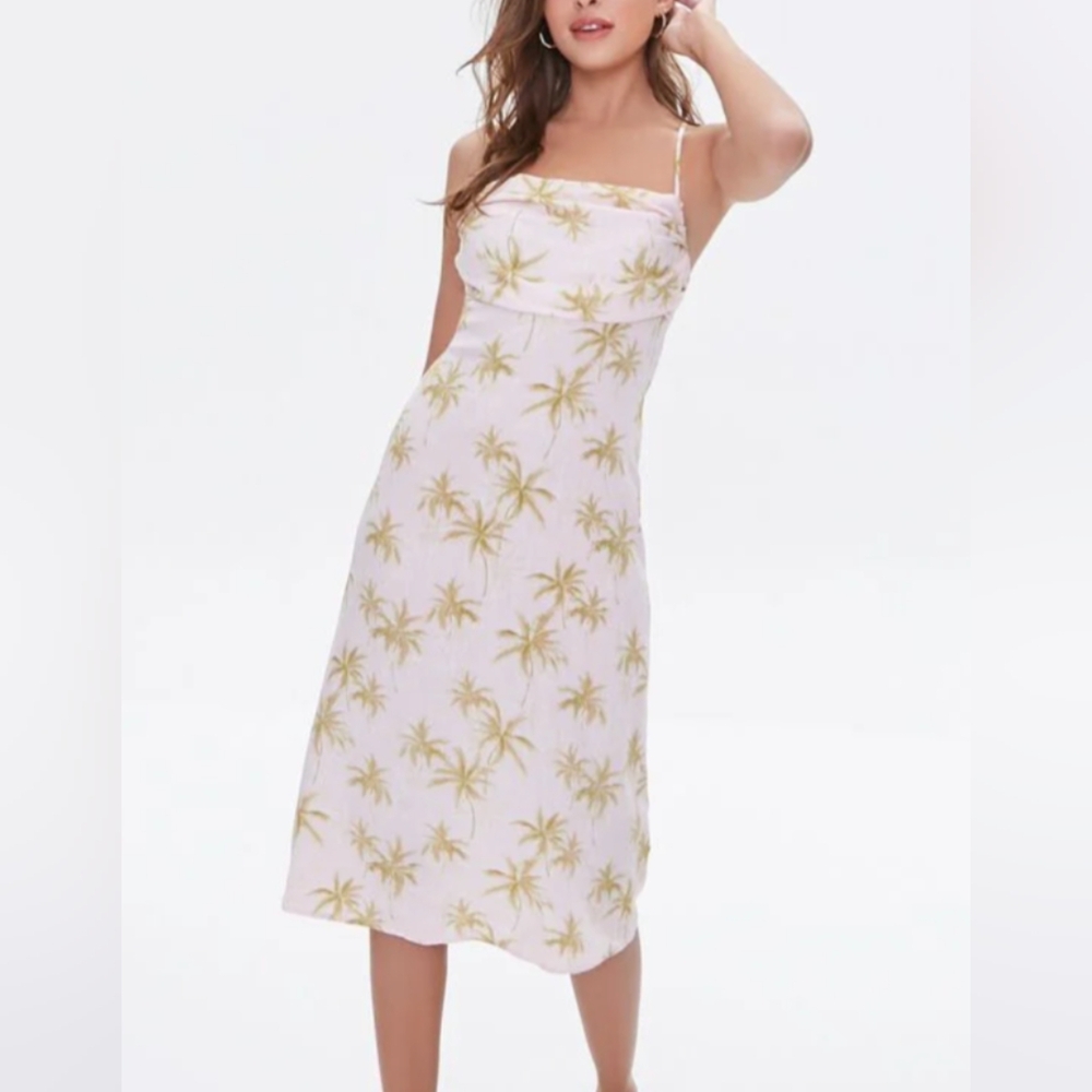 Forever 21 Blush Pink Green Palm Trees Tie Strap Cowl Neck Slip Midi Dress- M